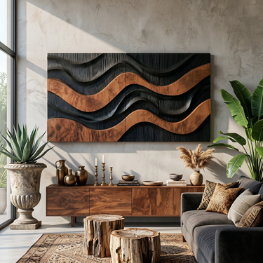 Rectangular Wood Wall Art With Flowing Wave Relief Design