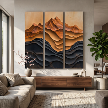 Three Panel Wood Wall Art With Mountain Wave Relief Design