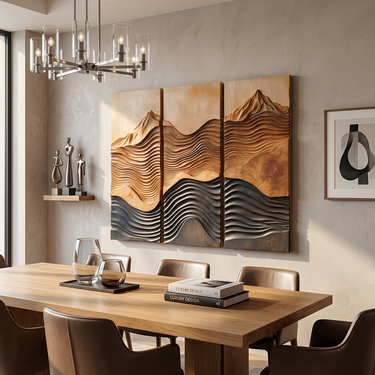 Three Panel Wood Wall Art With Mountain Wave Relief Design