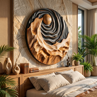 Round Wood Wall Art With Black Spiral Sun and Layered Landscape