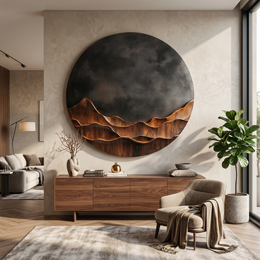 Round Wood Mountain Wall Art With Dark Sky Landscape Design
