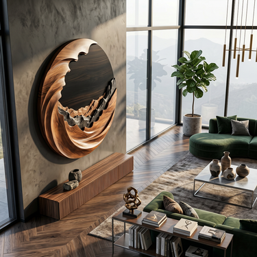 Round Wood Mountain Wall Art With Crescent Carved Frame