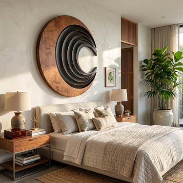 Crescent Wood Wall Art With Black Layered Ring Design