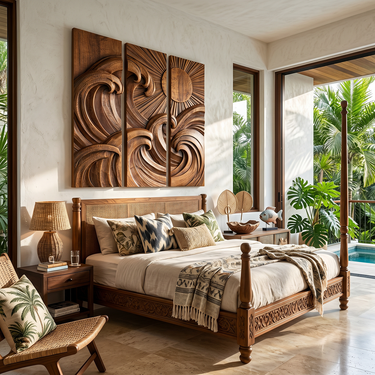 Natural Wood Wall Art With Three Panel Wave Relief