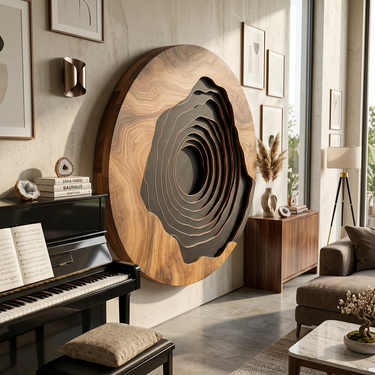 Round Wood Wall Art With Black Concentric Core Design