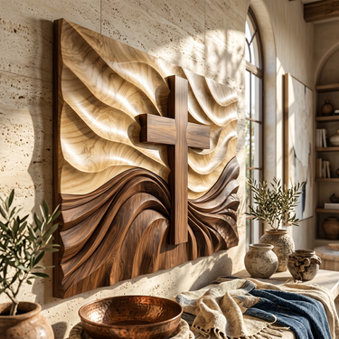 Wood Cross Wall Decor With Flowing Relief Design