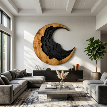 Crescent Wood Wall Art With Black Flowing Carved Center