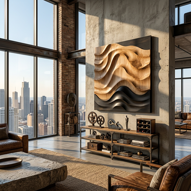 Square Wood Wall Art With Flowing Black and Natural Wave Design