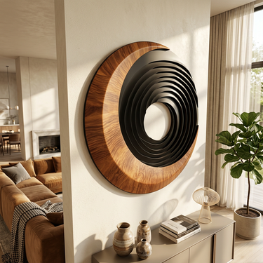 Crescent Wood Wall Art With Black Concentric Ring Design