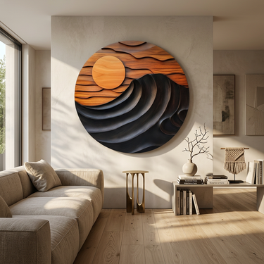 Round Wood Wall Art With Sunset and Black Ocean Wave Design