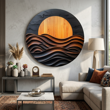Round Wood Sunset Wall Art With Layered Ocean Waves