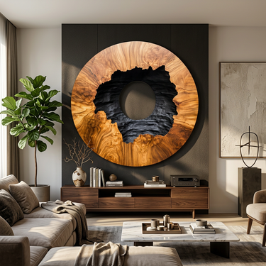 Round Wood Wall Art With Natural Ring and Black Carved Core