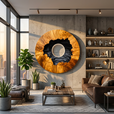 Round Wood Wall Art With Natural Ring and Black Carved Core