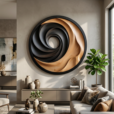 Round Wood Wall Art With Spiral Vortex Carved Design