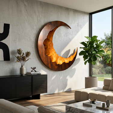 Crescent Moon Wood Wall Art With Sculptural Natural Texture