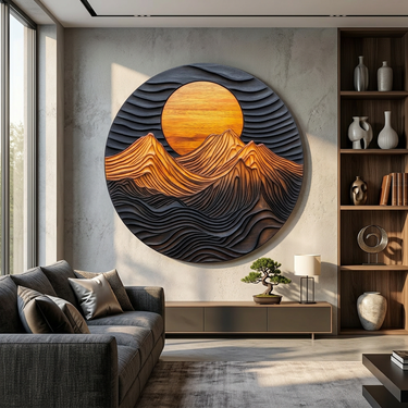 Round Wood Mountain Wall Art With Sunset Landscape Design