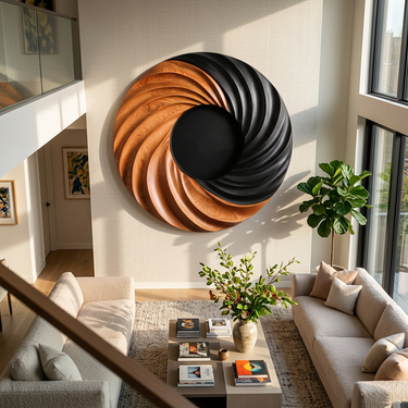 Round Wood Wall Art With Swirling Black and Natural Sun Design