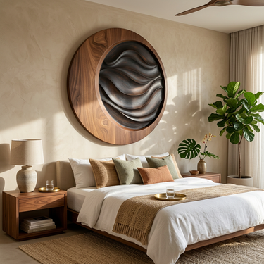 Round Wood Wall Art With Recessed Black Wave Center