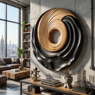 Round Wood Wall Art With Sculptural Ring and Black Wave Frame