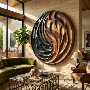 Round Wood Wall Art With Flowing Leaf Carved Design