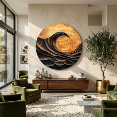 Round Wood Wave Wall Art With Carved Crescent Design