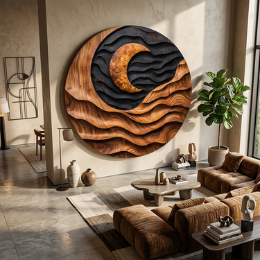 Round Wood Wall Art With Crescent Moon and Layered Desert Waves