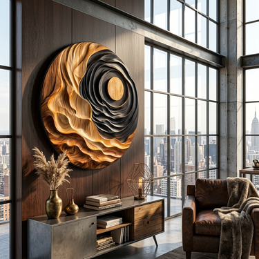Round Wood Wall Art With Black Spiral and Natural Moon Accent