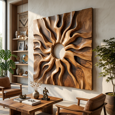 Square Wood Wall Art With Radiant Sunburst Relief Design