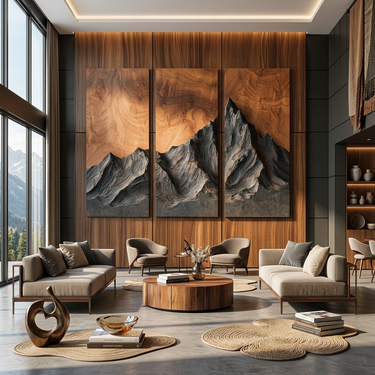 Triptych Wood Mountain Wall Art With Sculptural Peak Design