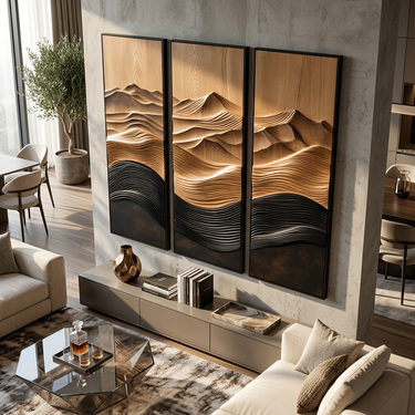 Triptych Wood Landscape Wall Art With Flowing Mountain Relief