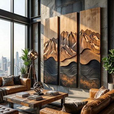 Triptych Wood Mountain Wall Art With Black Wave Relief