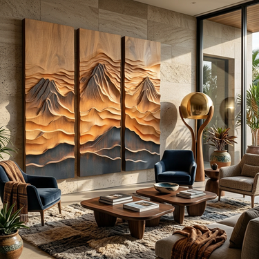 Triptych Wood Mountain Wall Art With Layered Desert Relief