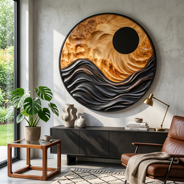 Round Wood Wall Art With Black Sun and Layered Mountain Waves