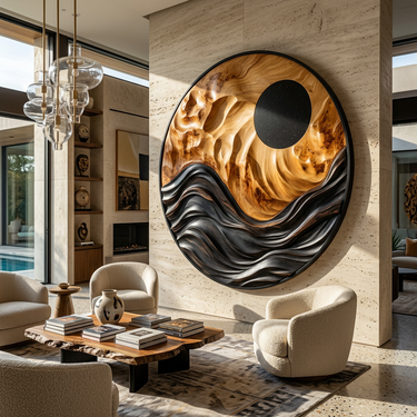Round Wood Wall Art With Black Sun and Layered Mountain Waves