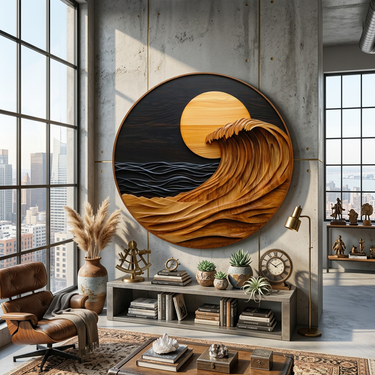 Round Wood Wave Wall Art With Sunset Ocean Design