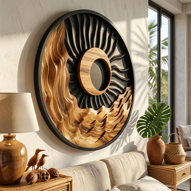 Round Wood Wall Art With Carved Eclipse and Flowing Waves