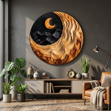 Round Wood Wall Art With Crescent Moon and Carved Night Waves