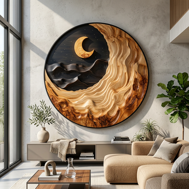 Round Wood Wall Art With Crescent Moon and Carved Night Waves