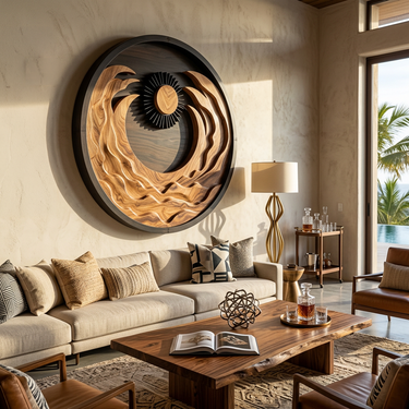 Round Wood Wall Art With Radiant Sun and Flowing Wave Design
