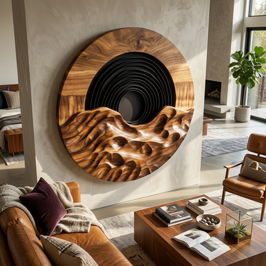 Round Wood Wall Art With Black Concentric Sun and Carved Waves