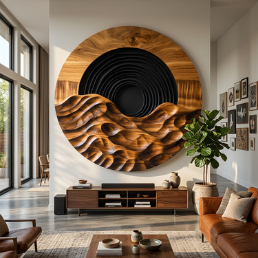 Round Wood Wall Art With Black Concentric Sun and Carved Waves