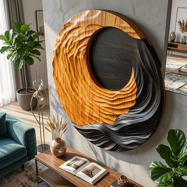 Round Wood Wall Art With Crescent Wave Carved Design