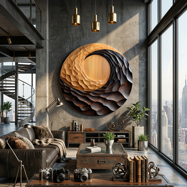 Round Wood Wall Art With Carved Sun and Textured Wave Design