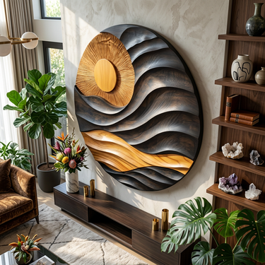Round Wood Wall Art With Sunburst Wave Landscape Design