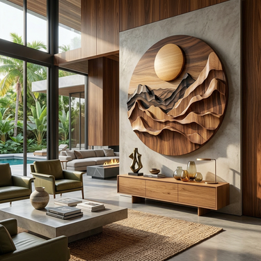 Round Wood Mountain Wall Art With Layered Sunset Design