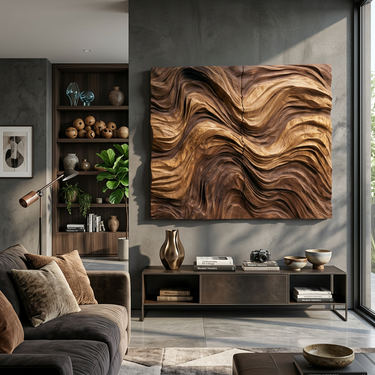 Large Wood Wall Decor With Flowing Wave Relief Design