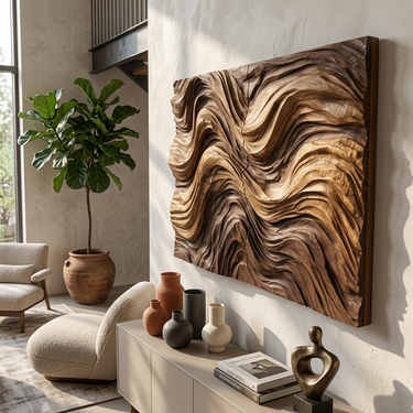 Large Wood Wall Decor With Flowing Wave Relief Design