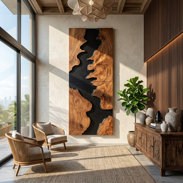 Vertical Wood Wall Art With Black River Carved Design