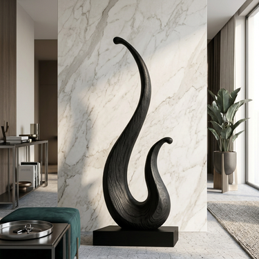 Abstract Wood Sculpture With Dual Flame Curve Design