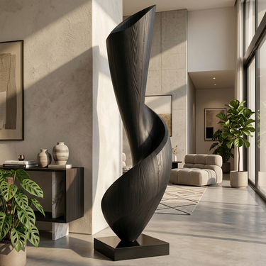 Abstract Wood Sculpture With Tall Spiral Twist Form
